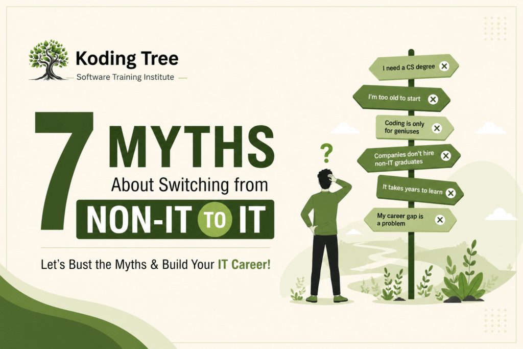 Illustration of 7 myths about switching from Non-IT to IT by Koding Tree Software Training Institute, featuring career transition concepts for aspiring software professionals.