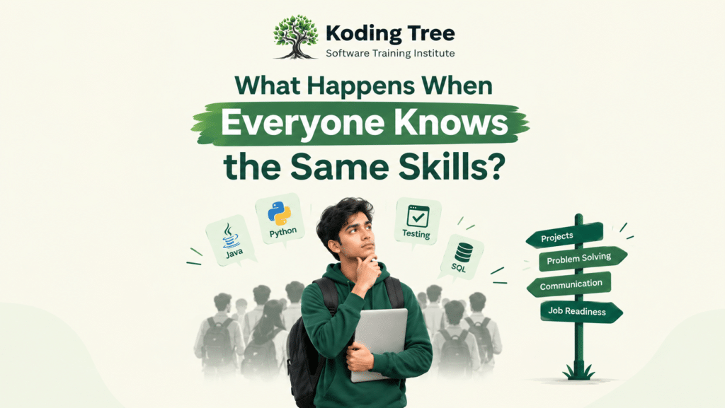 Koding Tree blog cover showing students with common IT skills and highlighting projects, problem solving, communication, and job readiness.